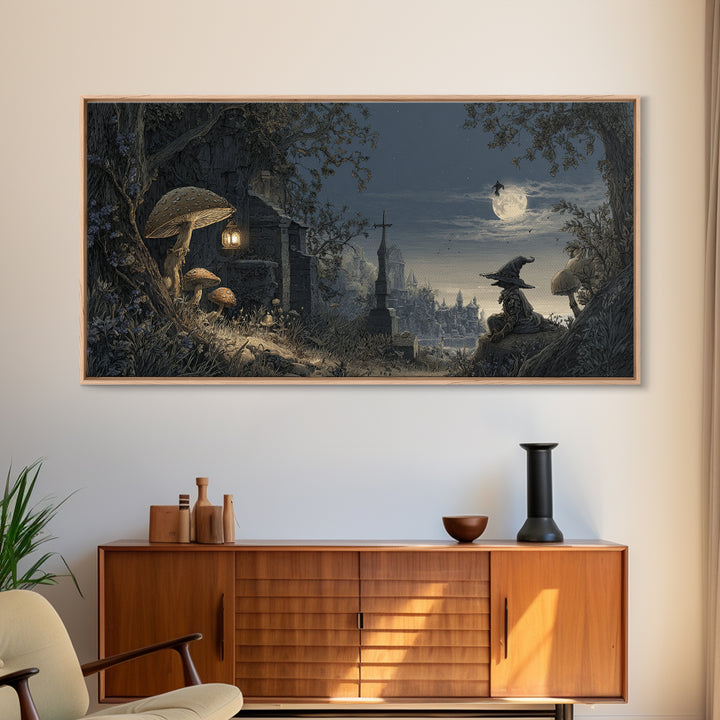 The Moonlit Mushroom Village, Romantic Gothic Landscape, Wide Panoramic Art, Dark Fantasy Wall Art, Canvas Print, Dark Fantasy Art