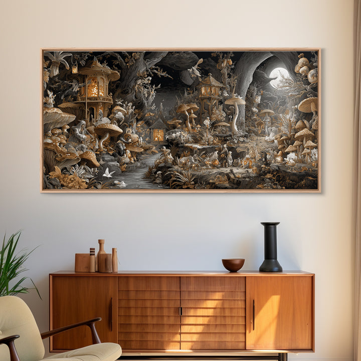 The Moonlit Mushroom Village, Apocalyptic Romantic Art, Wide Panoramic Art, Dark Fantasy Wall Art, Canvas Print, Halloween Wall Art