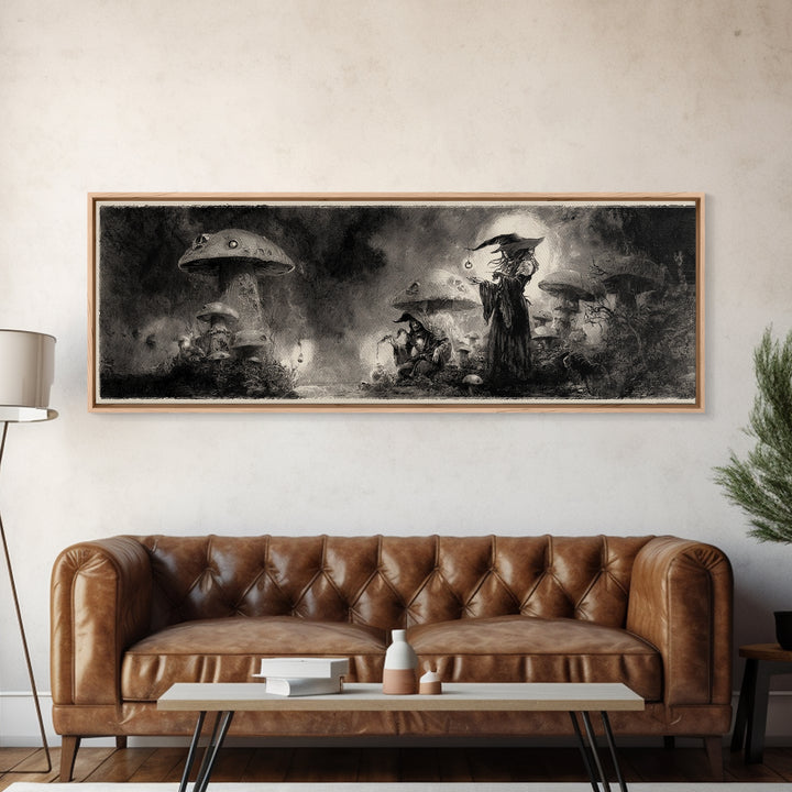 The Moonlit Mushroom Village, Symbolist Dream Art, Extra Wide Wall Art, Gothic Horror Wall Art, Canvas Print, Halloween Wall Art