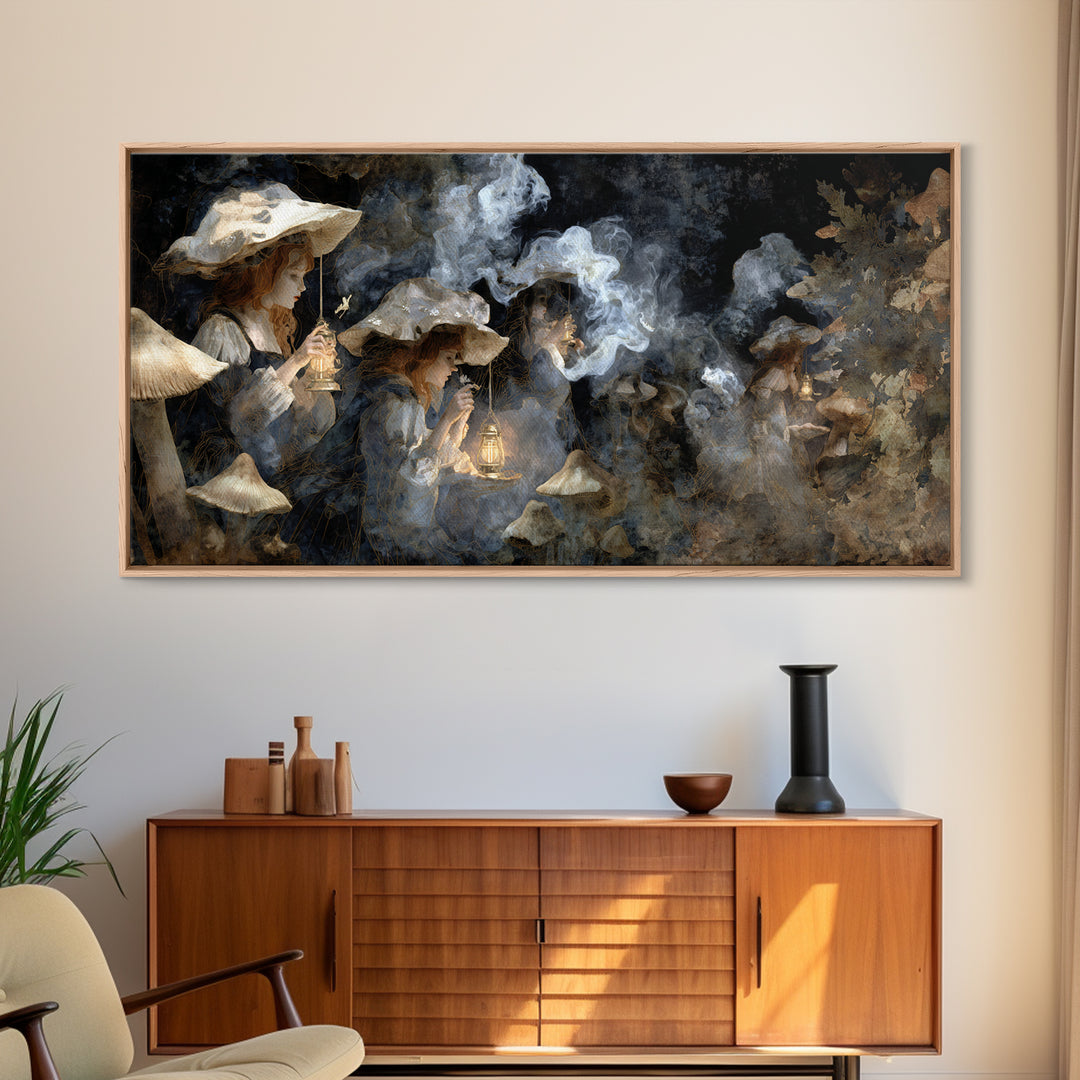 The Moonlit Mushroom Village, Symbolist Gothic Landscape, Wide Panoramic Art, Dark Fantasy Wall Art, Canvas Print, Halloween Wall Art