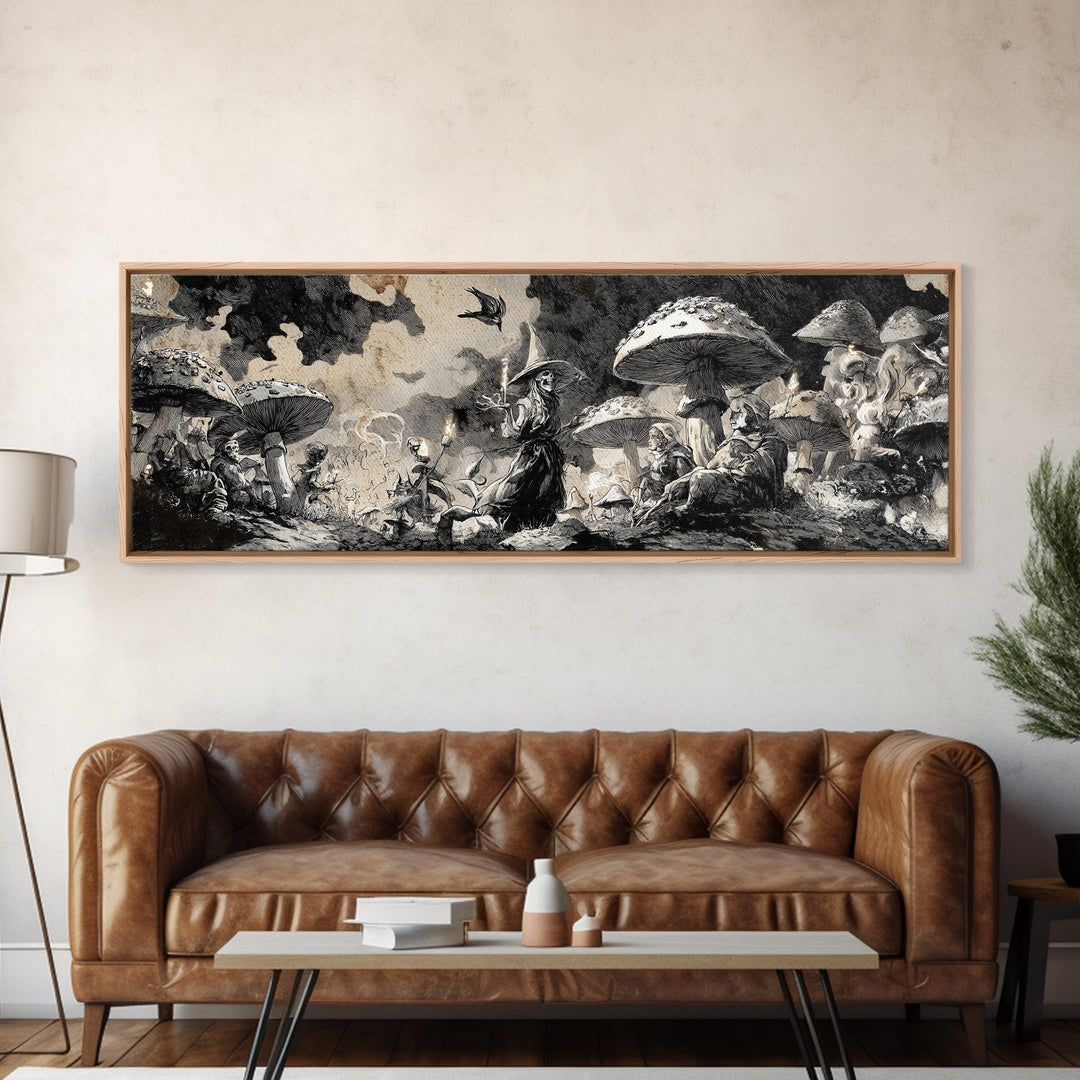 The Moonlit Mushroom Village, Decadent Gothic Art, Extra Wide Wall Art, Dark Halloween Decor, Framed Canvas Print, Halloween Wall Art