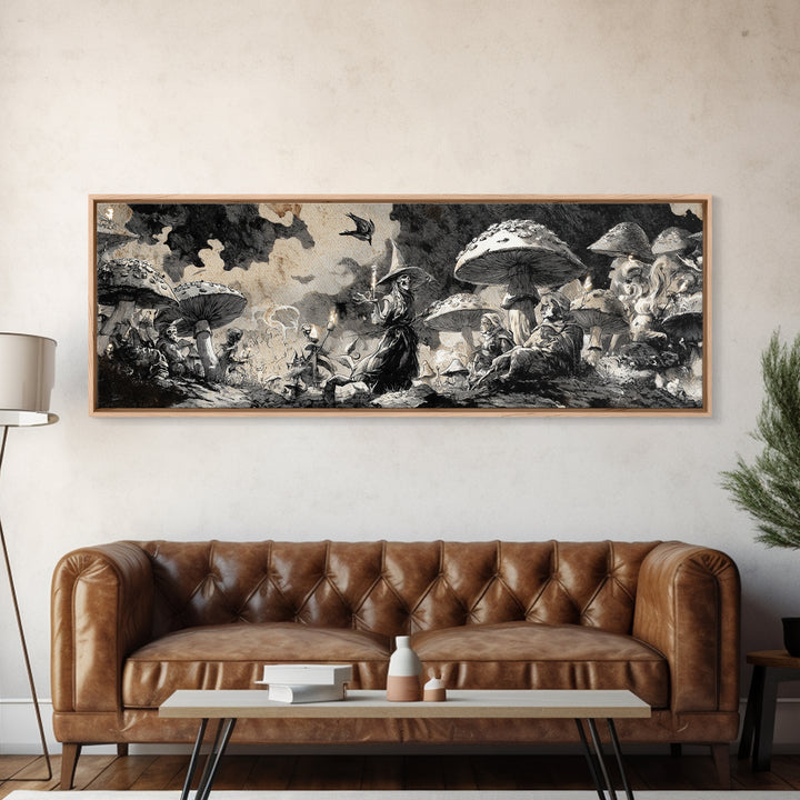 The Moonlit Mushroom Village, Decadent Gothic Art, Extra Wide Wall Art, Dark Halloween Decor, Framed Canvas Print, Halloween Wall Art