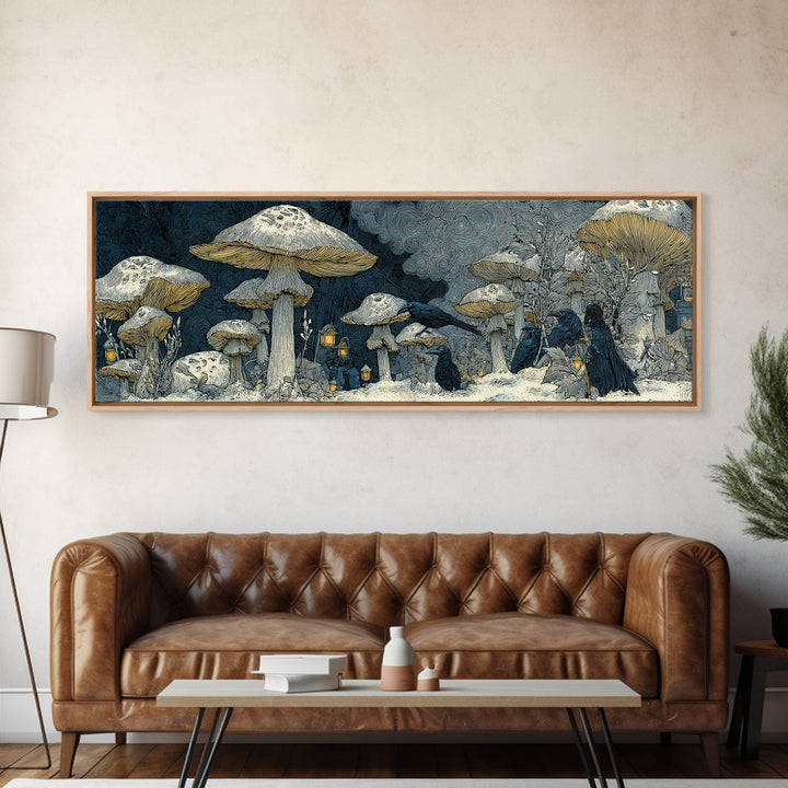 The Moonlit Mushroom Village, Symbolist Death Art, Extra Wide Wall Art, Macabre Wall Art, Framed Canvas Print, Halloween Wall Art
