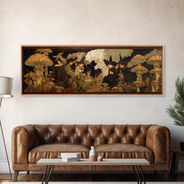 The Moonlit Mushroom Village, Dark Symbolist Art, Extra Wide Wall Art, Gothic Horror Wall Art, Canvas Print, Halloween Wall Art