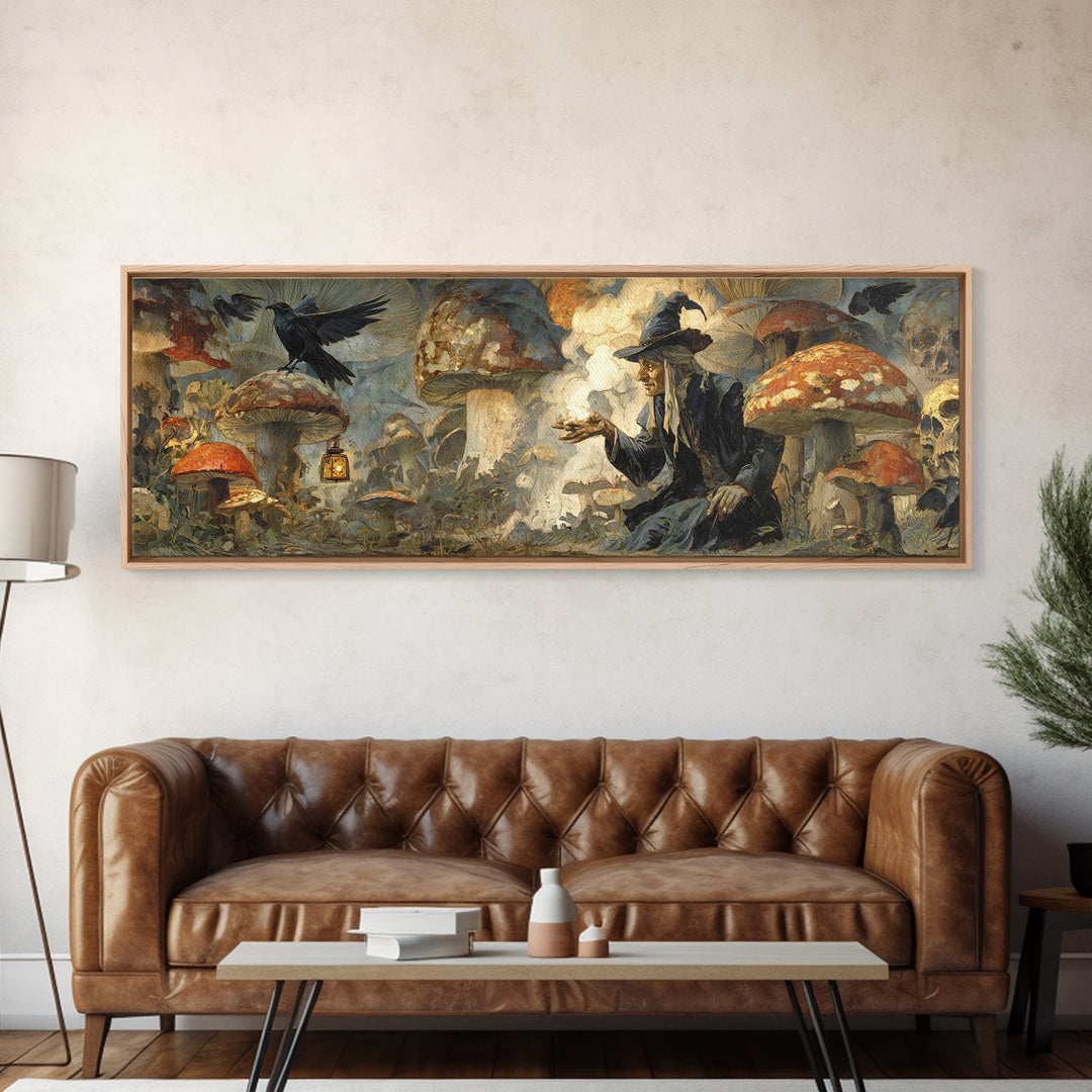The Moonlit Mushroom Village, Symbolist Etching Art, Extra Wide Wall Art, Gothic Horror Wall Art, Canvas Print, Halloween Wall Art