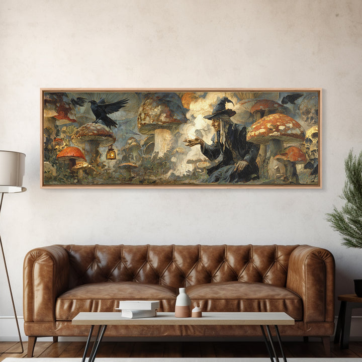 The Moonlit Mushroom Village, Symbolist Etching Art, Extra Wide Wall Art, Gothic Horror Wall Art, Canvas Print, Halloween Wall Art