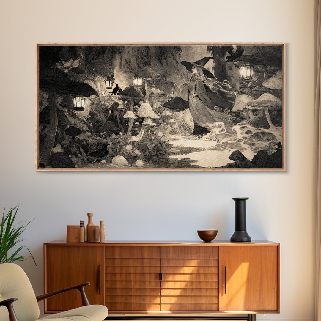 The Moonlit Mushroom Village, Expressionist Nightmare Art, Wide Panoramic Art, Gothic Horror Wall Art, Canvas Print, Halloween Wall Art