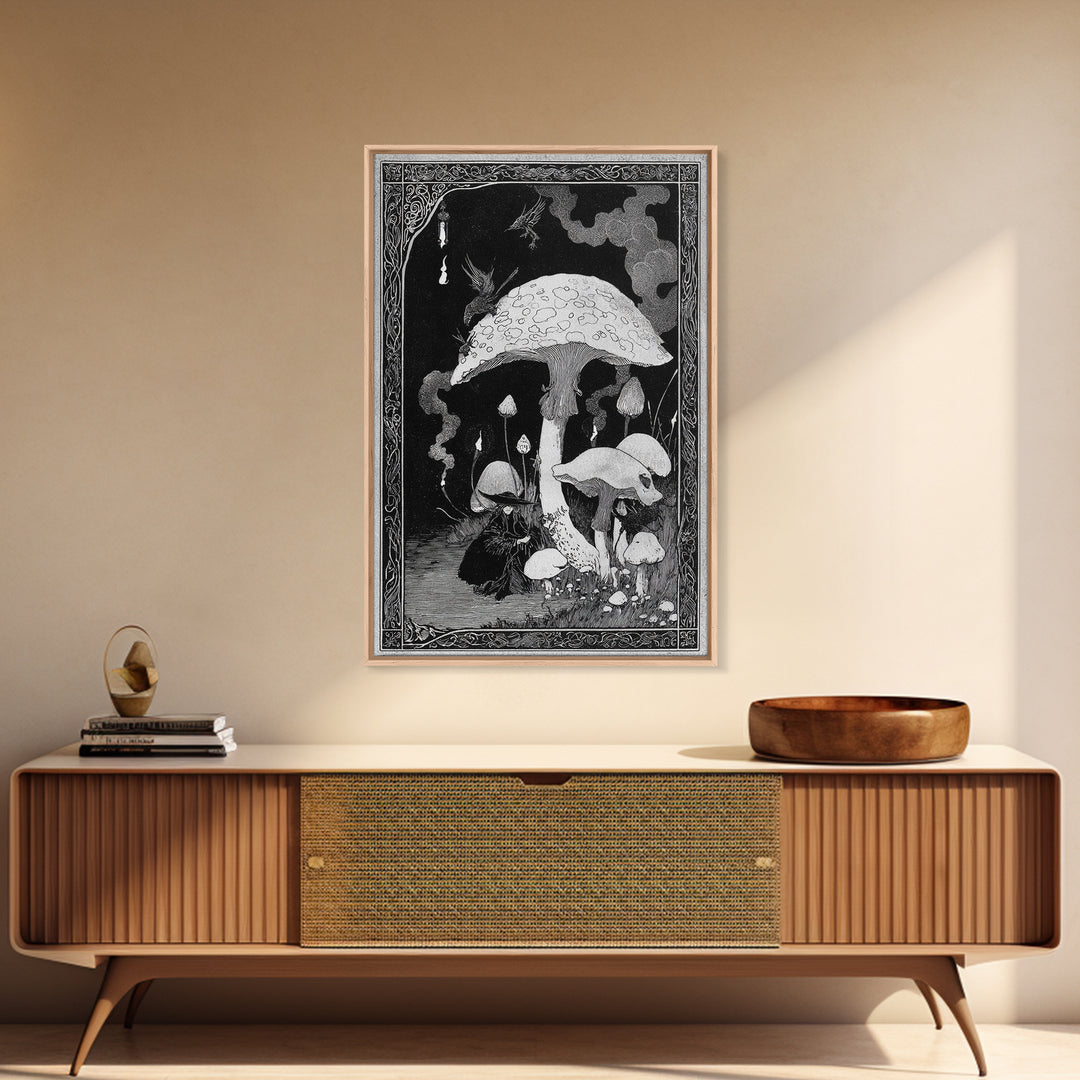 The Moonlit Mushroom Village, Decadent Line Art, Vertical Wall Art, Macabre Wall Art, Framed Canvas Print, Halloween Wall Art