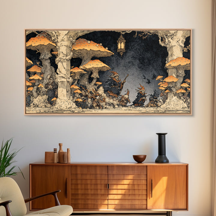 The Moonlit Mushroom Village, Gothic Storybook Art, Wide Panoramic Art, Gothic Horror Wall Art, Canvas Print, Halloween Wall Art