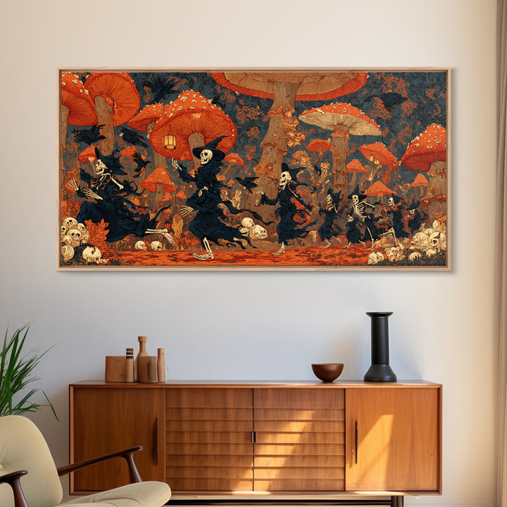 The Moonlit Mushroom Village, Macabre Folk Print Art, Wide Panoramic Art, Dark Halloween Decor, Framed Canvas Print