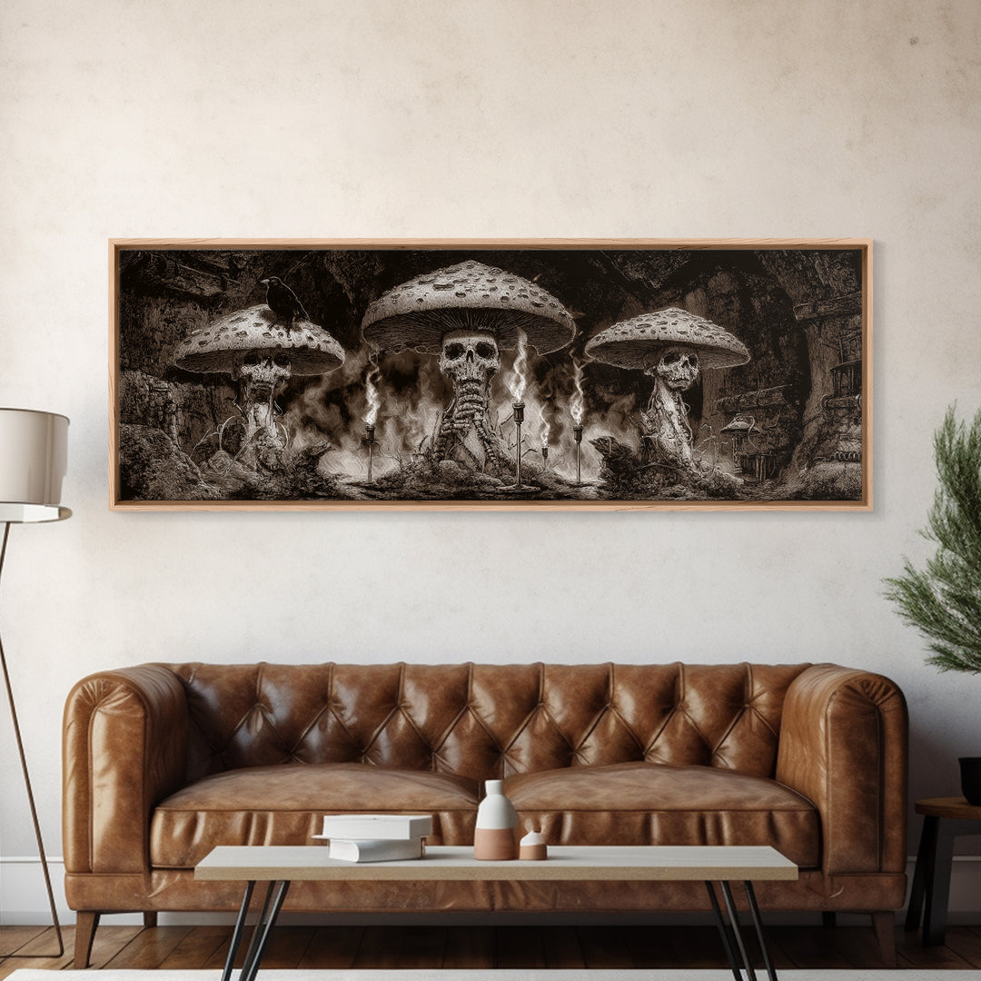 The Moonlit Mushroom Village, Biomechanical Horror Art, Extra Wide Wall Art, Gothic Horror Wall Art, Canvas Print, Halloween Wall Art