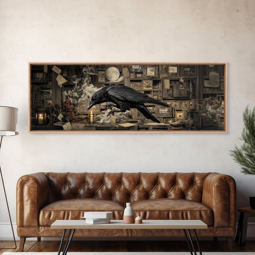 The Raven Post Office, Medieval Grotesque Art, Extra Wide Wall Art, Dark Halloween Decor, Framed Canvas Print, Halloween Wall Art