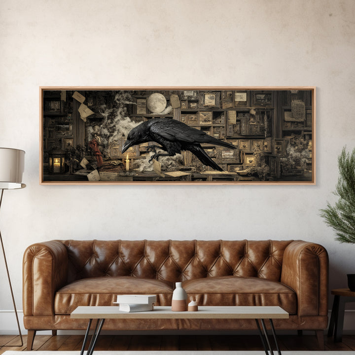 The Raven Post Office, Medieval Grotesque Art, Extra Wide Wall Art, Dark Halloween Decor, Framed Canvas Print, Halloween Wall Art