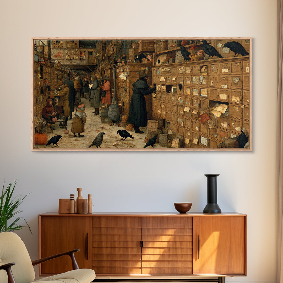 The Raven Post Office, Northern Renaissance Horror, Wide Panoramic Art, Dark Fantasy Wall Art, Framed Canvas Print
