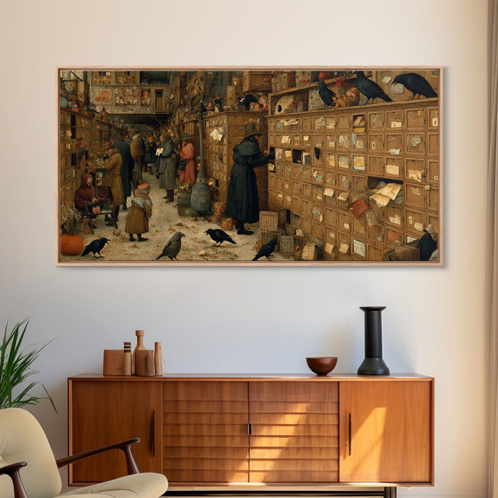 The Raven Post Office, Northern Renaissance Horror, Wide Panoramic Art, Dark Fantasy Wall Art, Framed Canvas Print