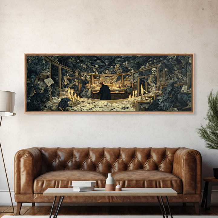 The Raven Post Office, Dark Renaissance Art, Extra Wide Wall Art, Gothic Horror Wall Art, Framed Canvas Print, Halloween Wall Art