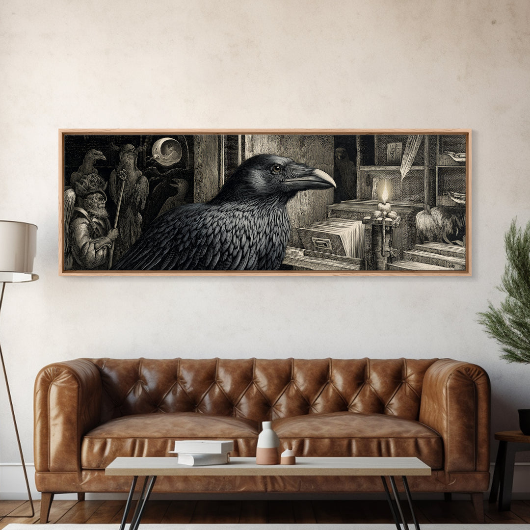 The Raven Post Office, Renaissance Engraving Art, Extra Wide Wall Art, Gothic Horror Wall Art, Framed Canvas Print, Halloween Wall Art