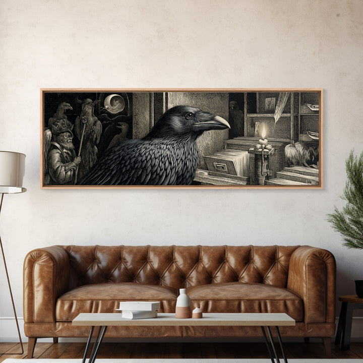 The Raven Post Office, Renaissance Engraving Art, Extra Wide Wall Art, Gothic Horror Wall Art, Framed Canvas Print, Halloween Wall Art
