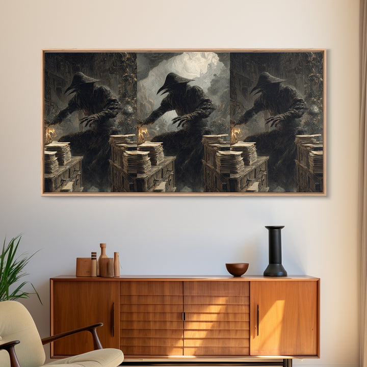 The Raven Post Office, Baroque Witchcraft Art, Wide Panoramic Art, Macabre Wall Art, Framed Canvas Print, Halloween Wall Art