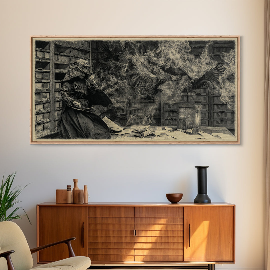 The Raven Post Office, Dark Romantic Horror Art, Wide Panoramic Art, Dark Fantasy Wall Art, Canvas Print, Halloween Wall Art