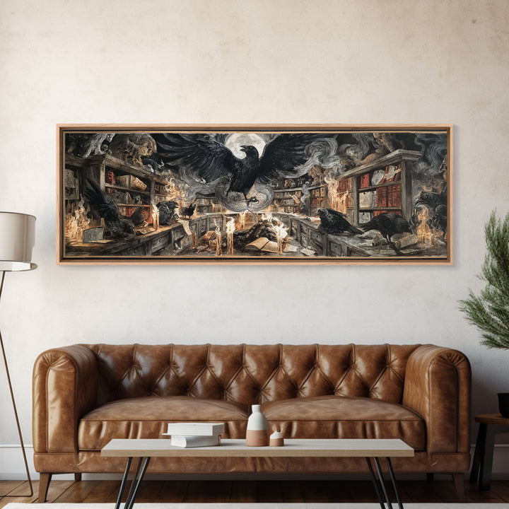 The Raven Post Office, Visionary Gothic Art, Extra Wide Wall Art, Macabre Wall Art, Framed Canvas Print, Halloween Wall Art