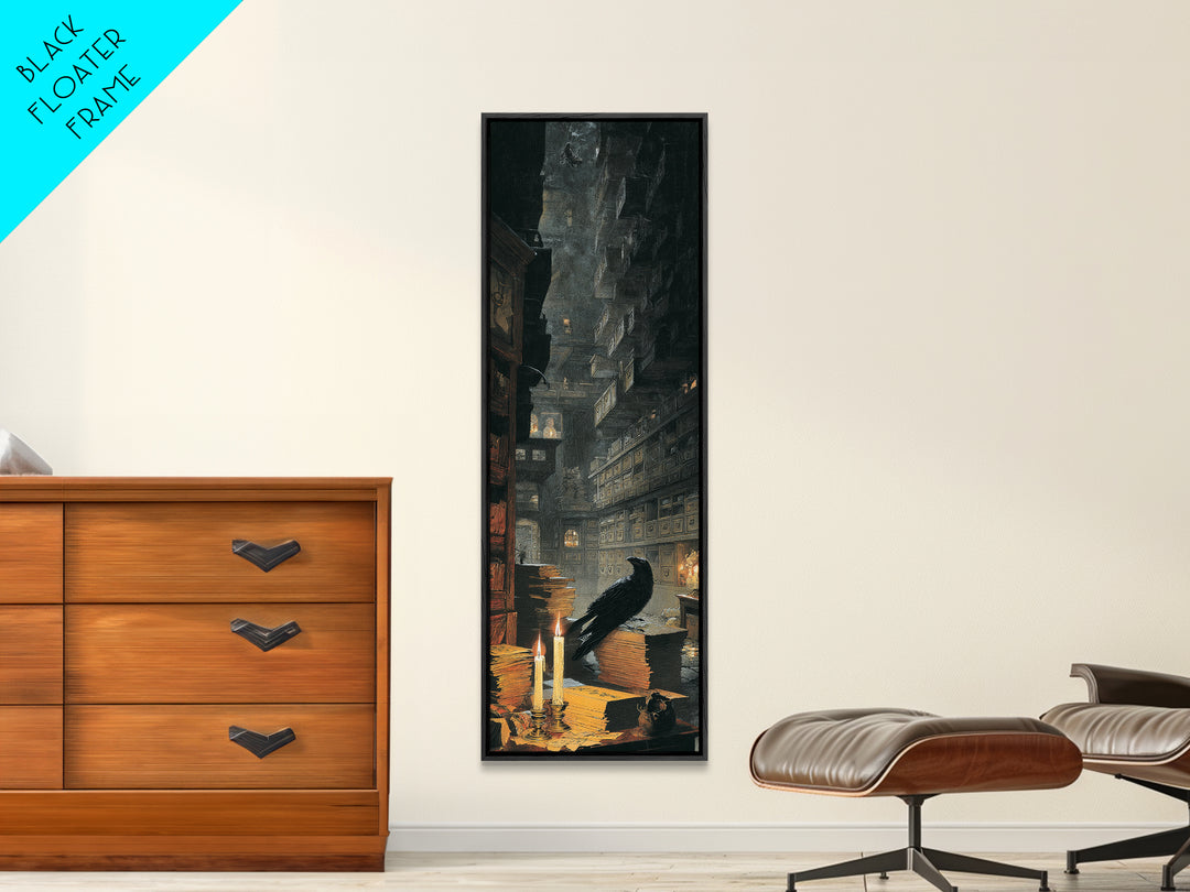 The Raven Post Office, Architectural Etching Art, Tall Narrow Wall Art, Dark Halloween Decor, Framed Canvas Print