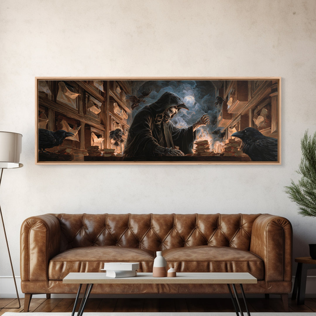 The Raven Post Office, Apocalyptic Romantic Art, Extra Wide Wall Art, Dark Halloween Decor, Canvas Print, Halloween Wall Art