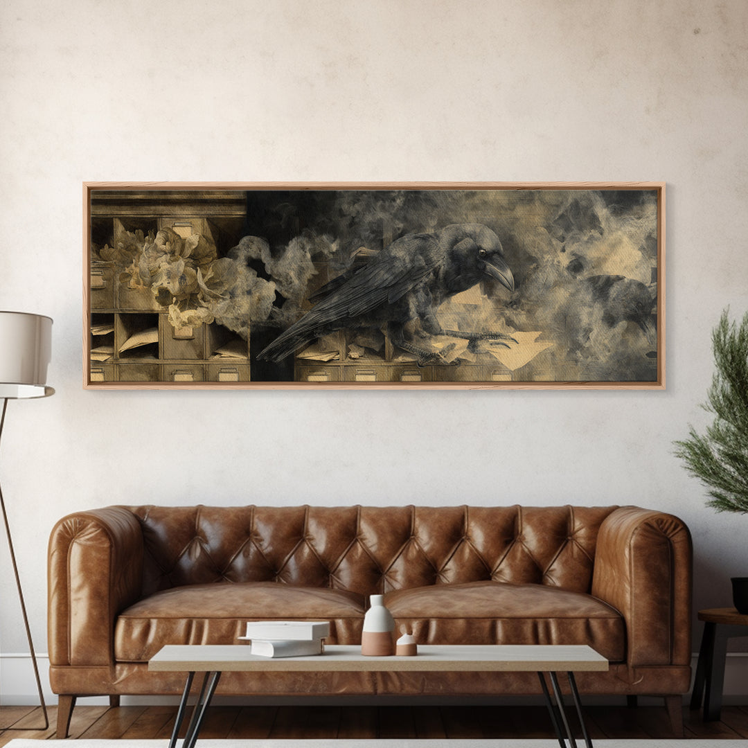 The Raven Post Office, Symbolist Dream Art, Extra Wide Wall Art, Macabre Wall Art, Framed Canvas Print, Halloween Wall Art