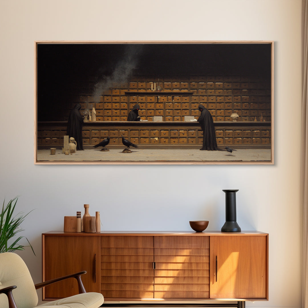 The Raven Post Office, Symbolist Gothic Landscape, Wide Panoramic Art, Macabre Wall Art, Framed Canvas Print, Halloween Wall Art
