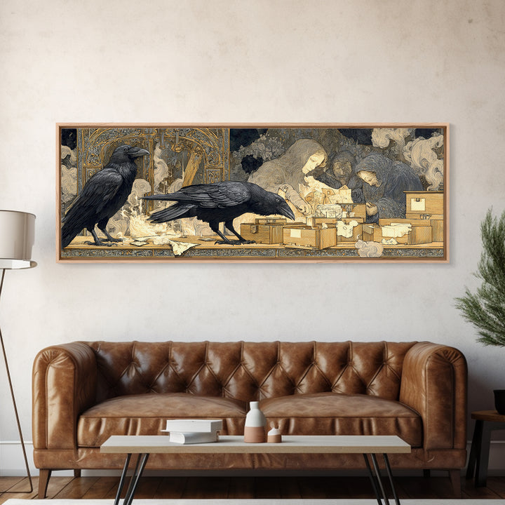 The Raven Post Office, Symbolist Death Art, Extra Wide Wall Art, Dark Halloween Decor, Framed Canvas Print, Halloween Wall Art