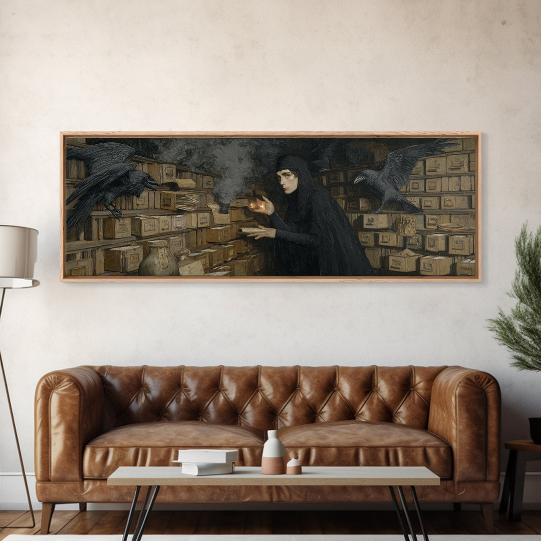 The Raven Post Office, Dark Symbolist Art, Extra Wide Wall Art, Dark Fantasy Wall Art, Canvas Print, Halloween Wall Art