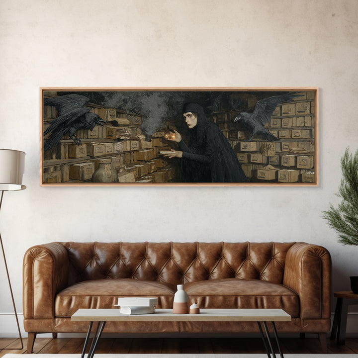 The Raven Post Office, Dark Symbolist Art, Extra Wide Wall Art, Dark Fantasy Wall Art, Canvas Print, Halloween Wall Art