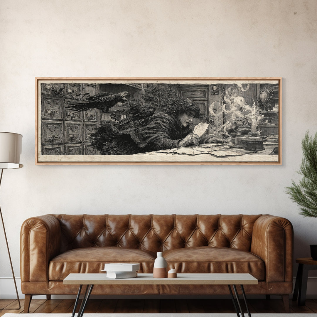The Raven Post Office, Symbolist Etching Art, Extra Wide Wall Art, Dark Fantasy Wall Art, Canvas Print, Halloween Wall Art