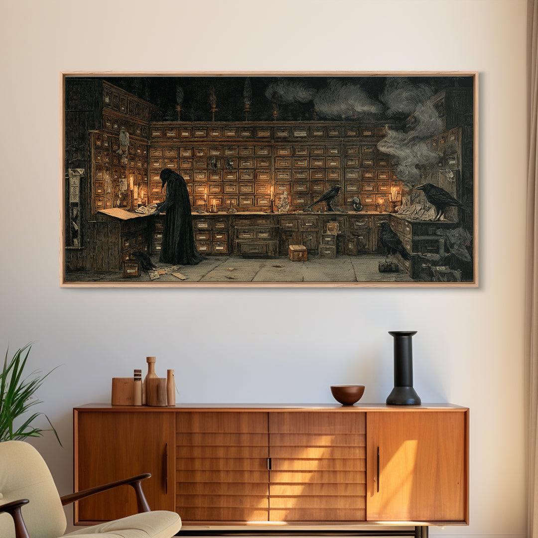 The Raven Post Office, Expressionist Nightmare Art, Wide Panoramic Art, Dark Fantasy Wall Art, Framed Canvas Print, Halloween Wall Art