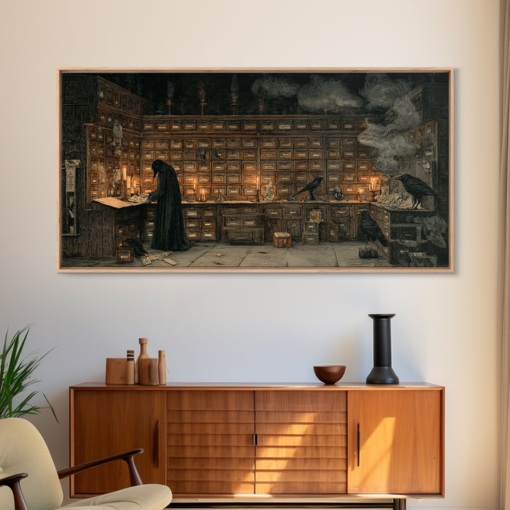 The Raven Post Office, Expressionist Nightmare Art, Wide Panoramic Art, Dark Fantasy Wall Art, Framed Canvas Print, Halloween Wall Art