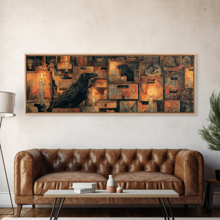 The Raven Post Office, Expressionist Gothic Art, Extra Wide Wall Art, Macabre Wall Art, Framed Canvas Print, Halloween Wall Art