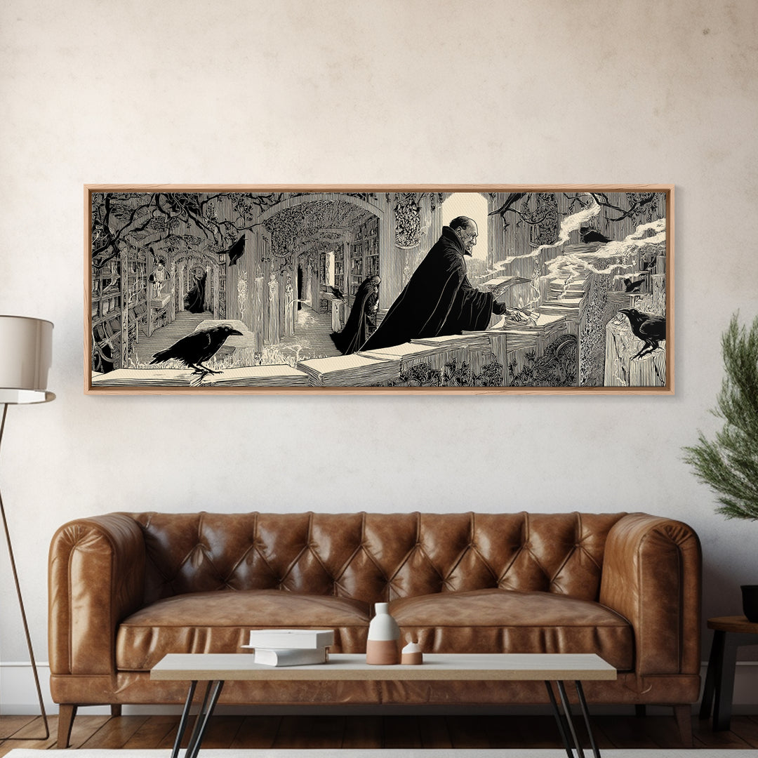 The Raven Post Office, Decadent Line Art, Extra Wide Wall Art, Macabre Wall Art, Framed Canvas Print, Halloween Wall Art