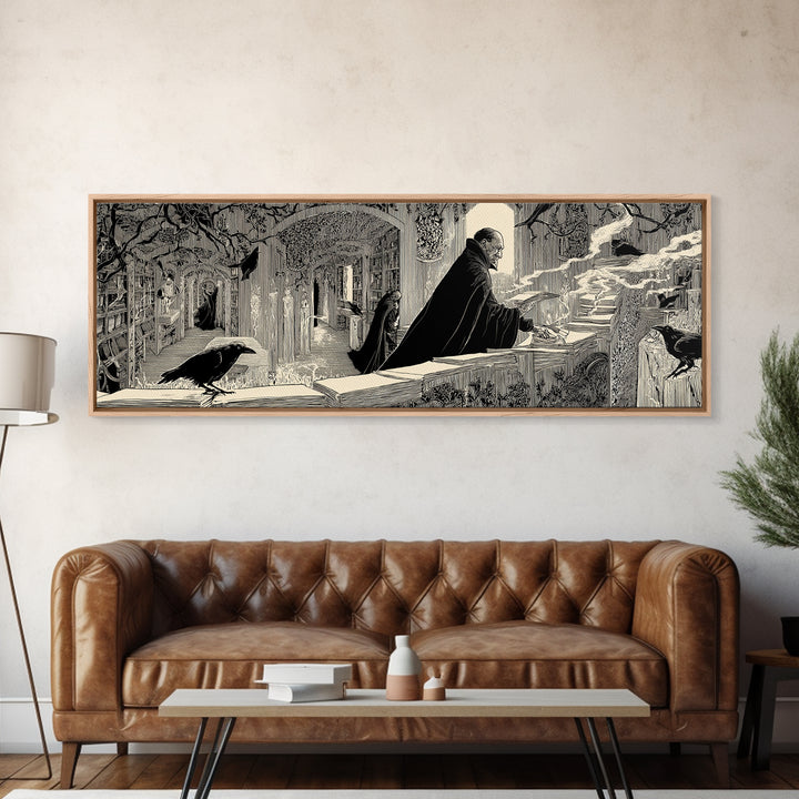 The Raven Post Office, Decadent Line Art, Extra Wide Wall Art, Macabre Wall Art, Framed Canvas Print, Halloween Wall Art
