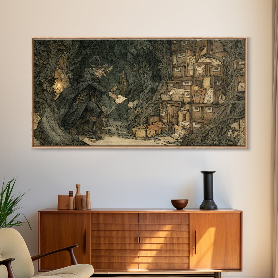 The Raven Post Office, Gothic Storybook Art, Wide Panoramic Art, Macabre Wall Art, Framed Canvas Print, Halloween Wall Art