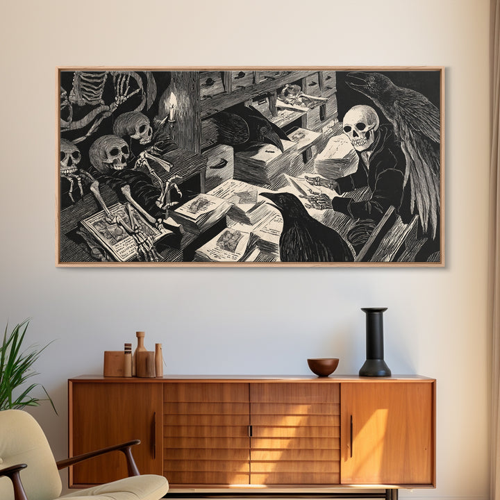 The Raven Post Office, Macabre Folk Print Art, Wide Panoramic Art, Gothic Horror Wall Art, Canvas Print, Halloween Wall Art