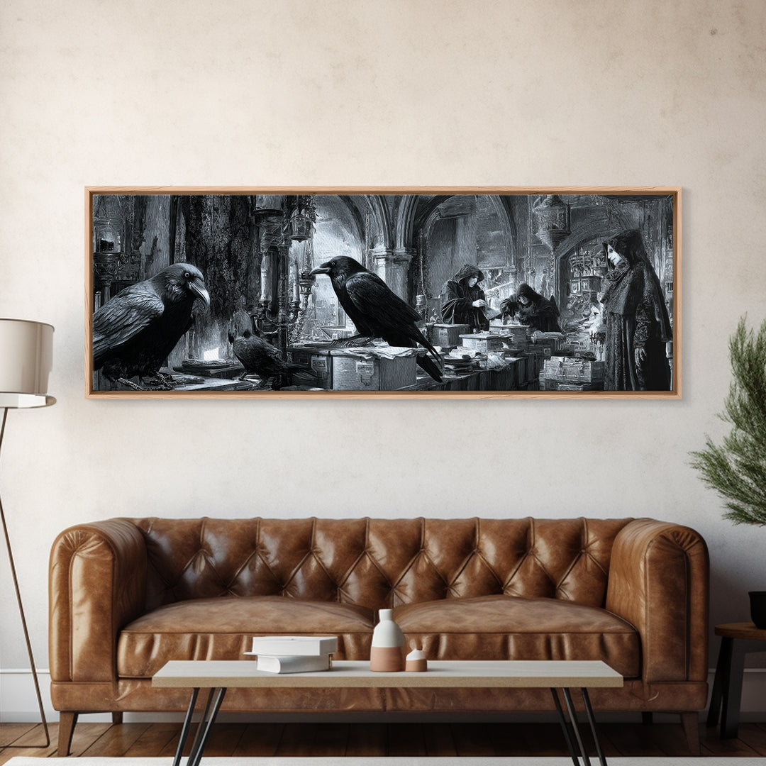 The Raven Post Office, Biomechanical Horror Art, Extra Wide Wall Art, Dark Halloween Decor, Framed Canvas Print, Halloween Wall Art
