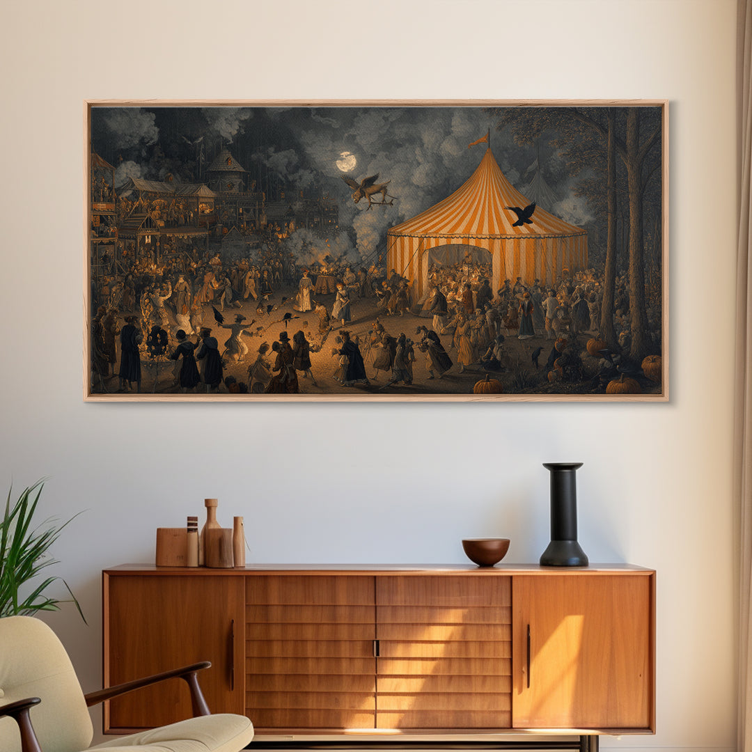 The Jack-O'-Lantern Circus, Northern Renaissance Horror, Wide Panoramic Art, Gothic Horror Wall Art, Canvas Print