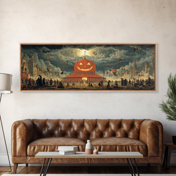 The Jack-O'-Lantern Circus, Apocalyptic Romantic Art, Extra Wide Wall Art, Macabre Wall Art, Canvas Print, Halloween Wall Art