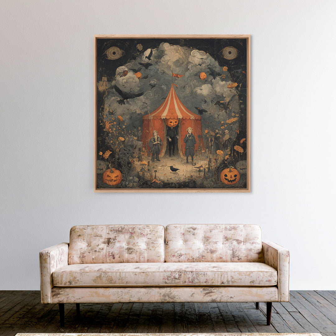 The Jack-O'-Lantern Circus, Symbolist Dream Art, Square Wall Art, Dark Halloween Decor, Framed Canvas Print, Halloween Wall Art