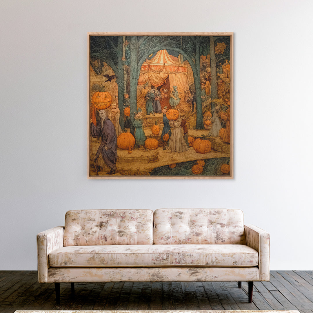 The Jack-O'-Lantern Circus, Ornate Symbolist Art, Square Wall Art, Gothic Horror Wall Art, Framed Canvas Print, Halloween Wall Art