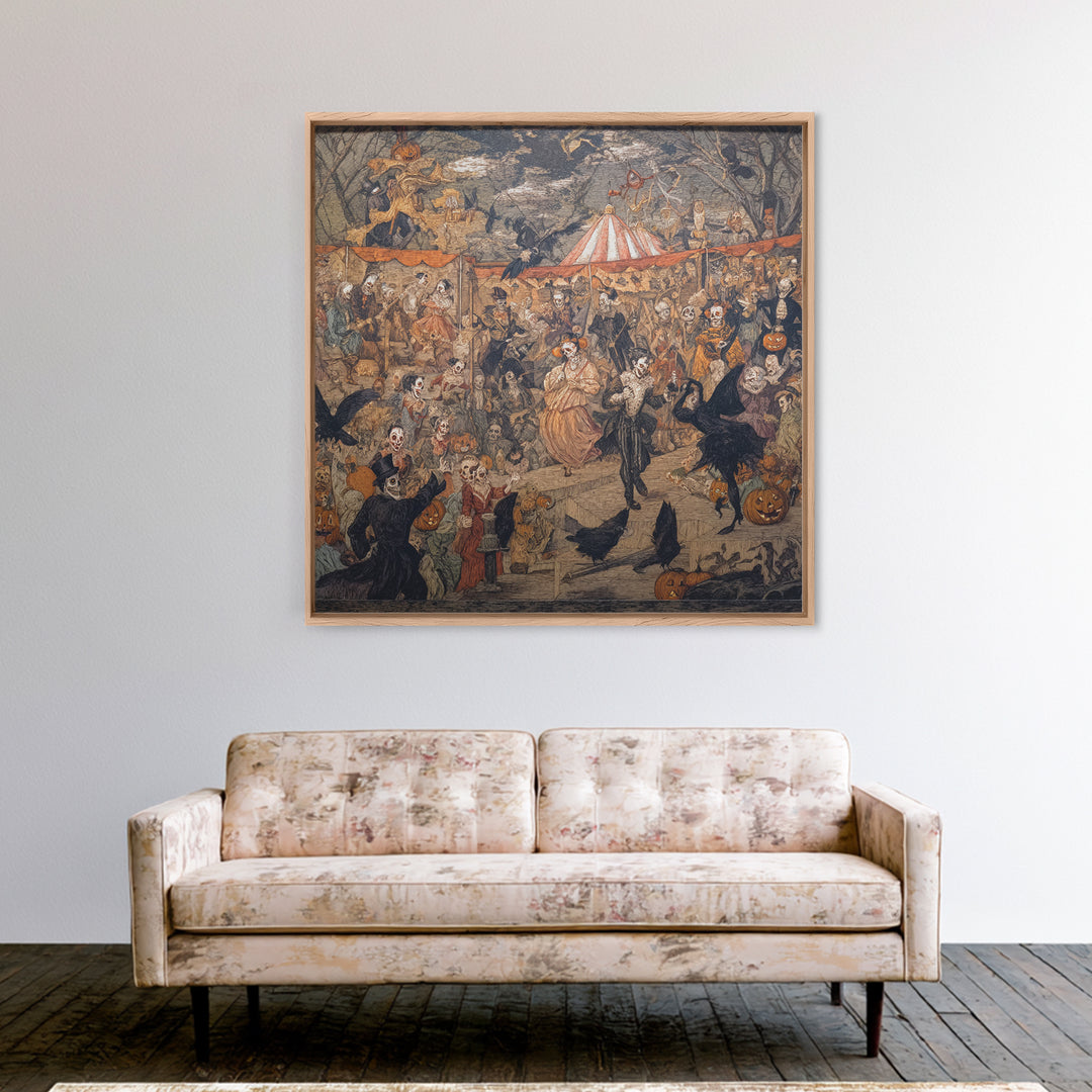 The Jack-O'-Lantern Circus, Grotesque Carnival Art, Square Wall Art, Macabre Wall Art, Framed Canvas Print, Halloween Wall Art