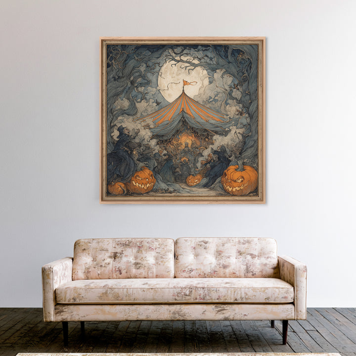 The Jack-O'-Lantern Circus, Gothic Storybook Art, Square Wall Art, Dark Halloween Decor, Framed Canvas Print, Halloween Wall Art