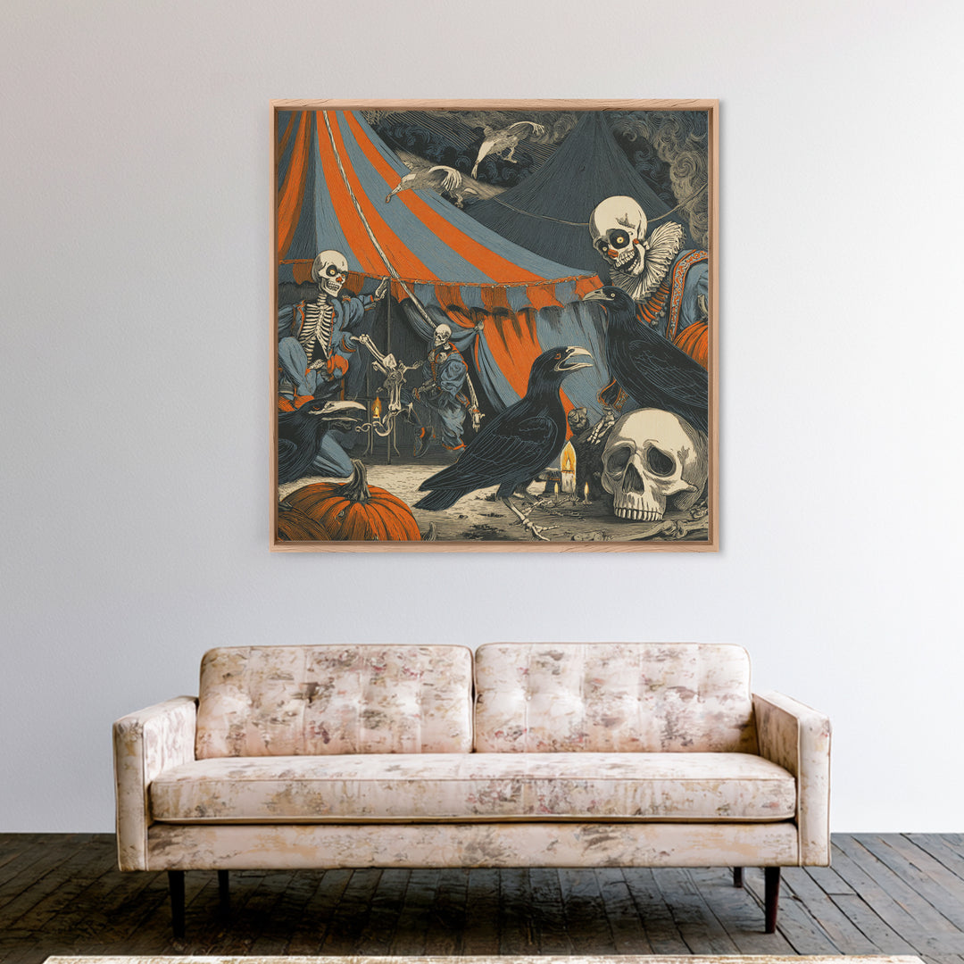 The Jack-O'-Lantern Circus, Macabre Folk Print Art, Square Wall Art, Gothic Horror Wall Art, Framed Canvas Print
