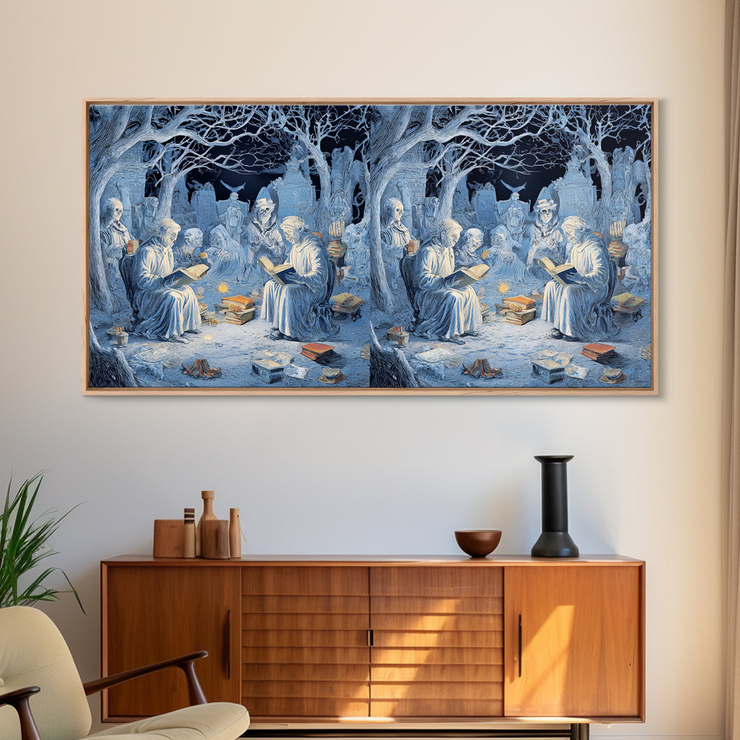 The Graveyard Book Club, Northern Renaissance Horror, Wide Panoramic Art, Macabre Wall Art, Framed Canvas Print