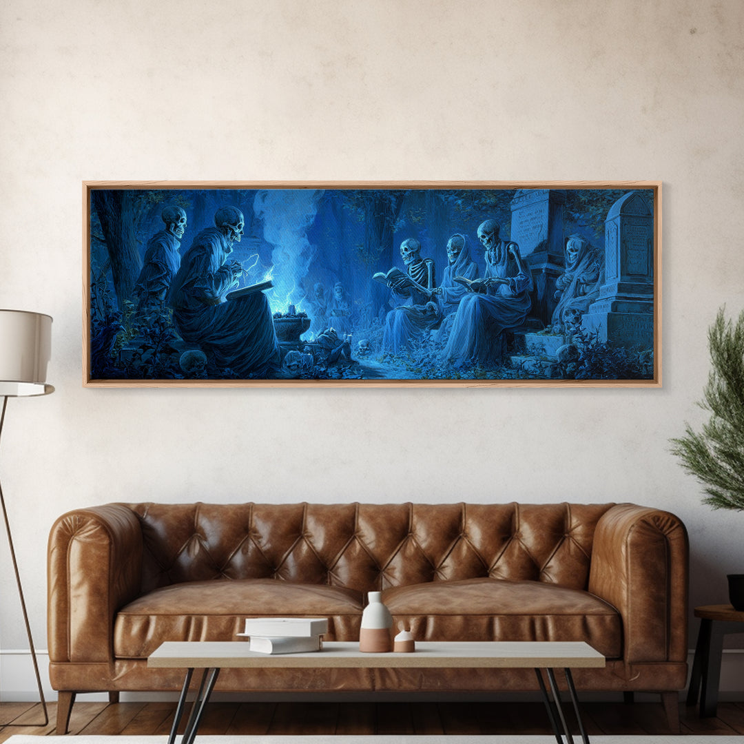 The Graveyard Book Club, Danse Macabre Art, Extra Wide Wall Art, Macabre Wall Art, Framed Canvas Print, Dark Fantasy Art